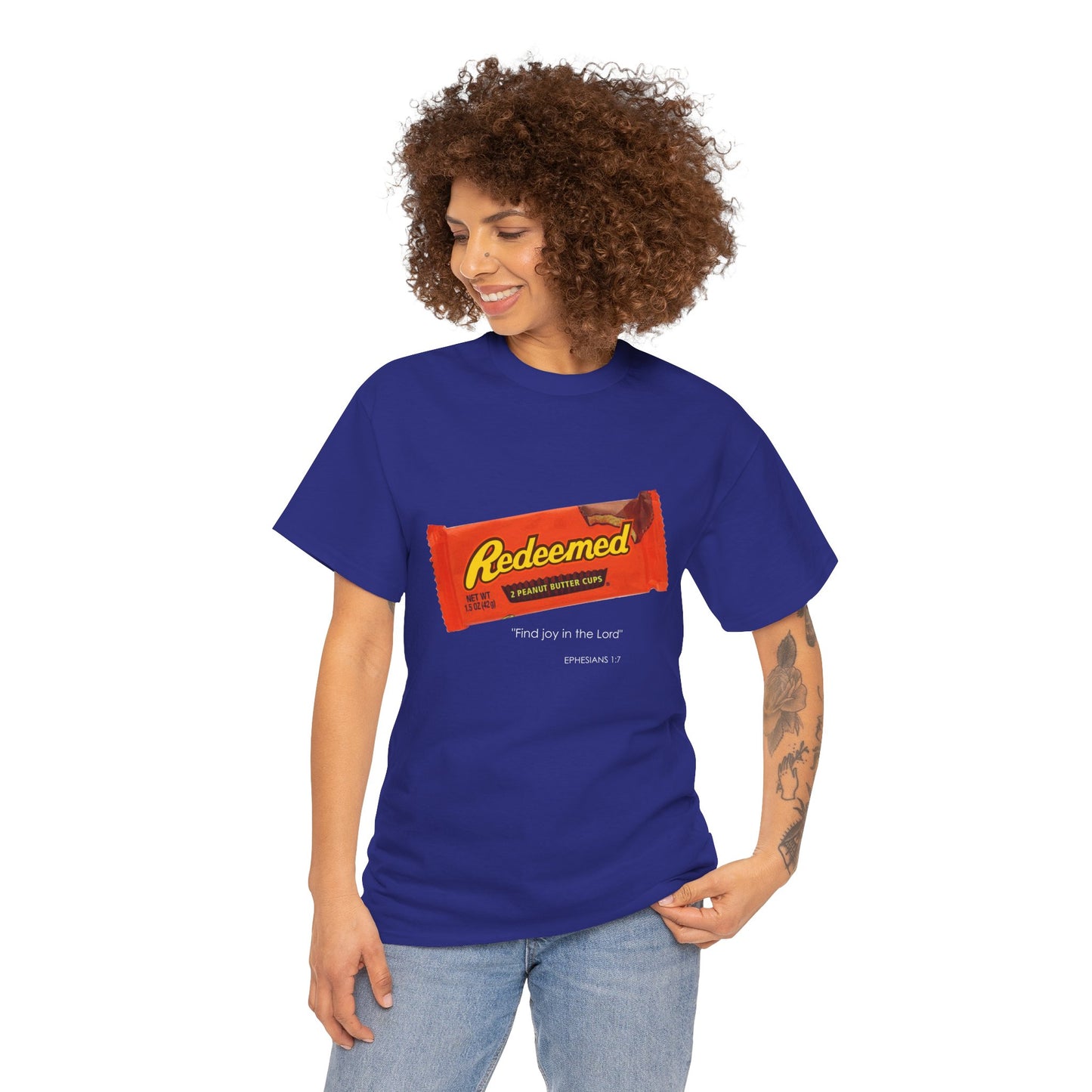 Redeemed Heavy Cotton Tee - Inspirational Faith Shirt with Peanut Butter Motif