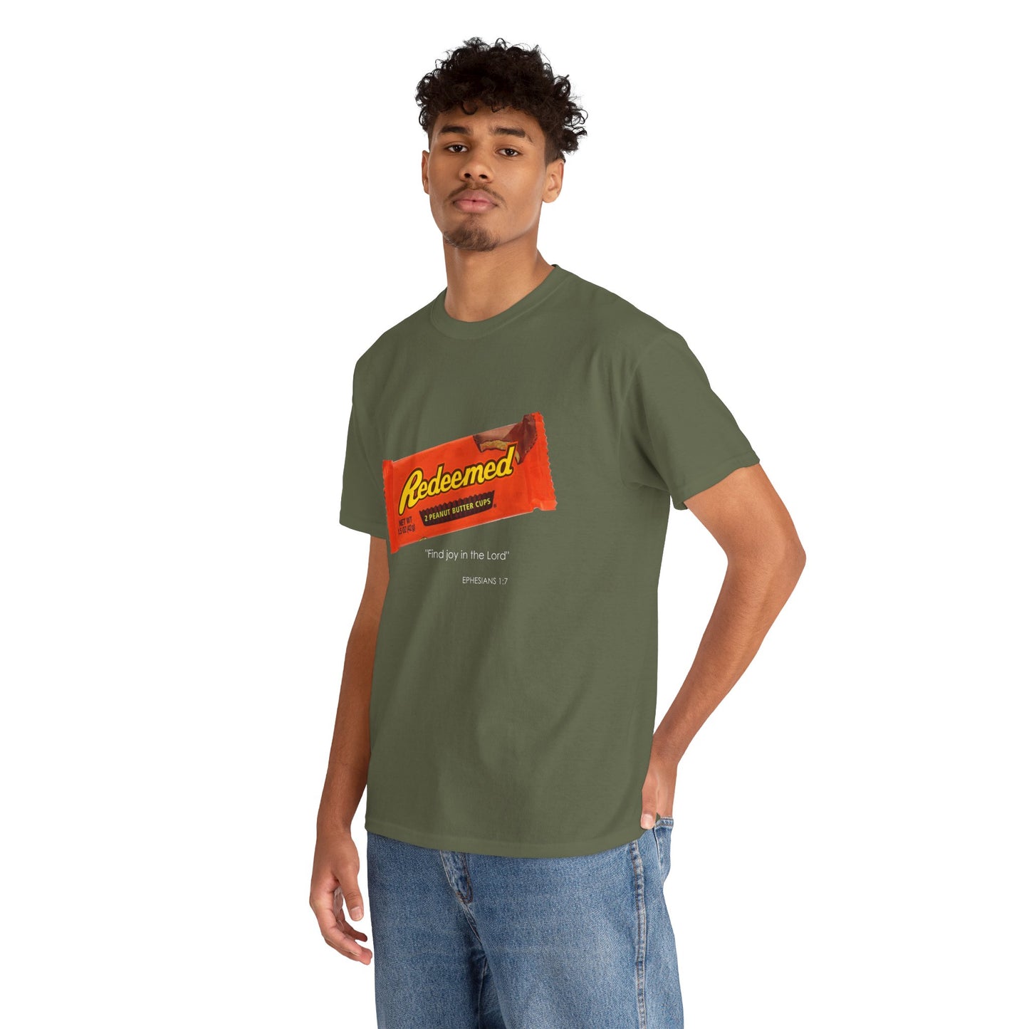Redeemed Heavy Cotton Tee - Inspirational Faith Shirt with Peanut Butter Motif