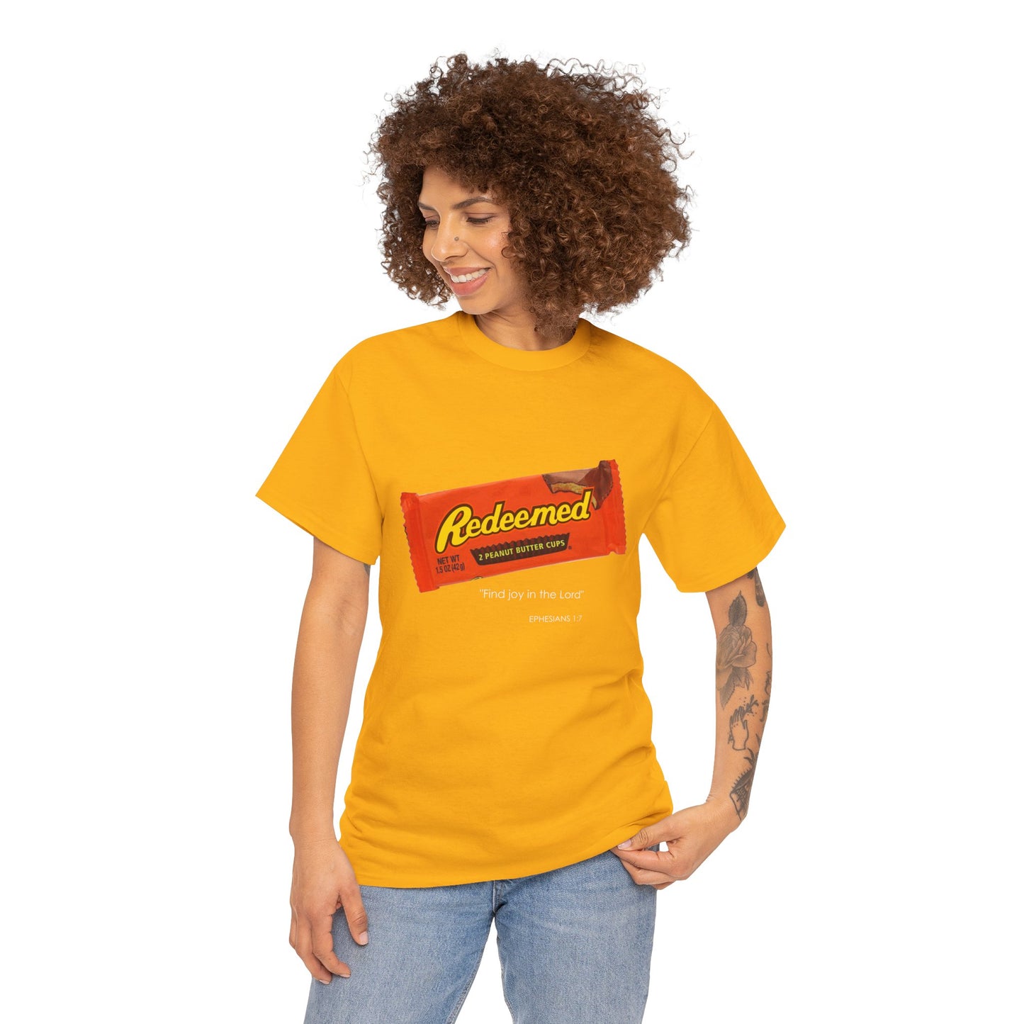 Redeemed Heavy Cotton Tee - Inspirational Faith Shirt with Peanut Butter Motif