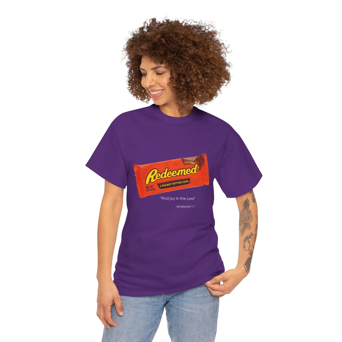 Redeemed Heavy Cotton Tee - Inspirational Faith Shirt with Peanut Butter Motif