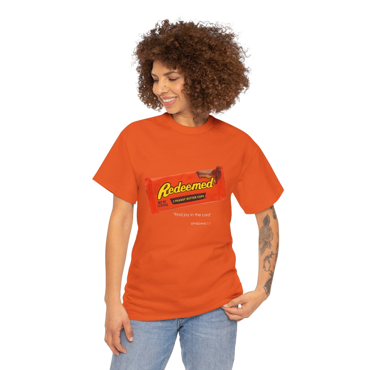 Redeemed Heavy Cotton Tee - Inspirational Faith Shirt with Peanut Butter Motif