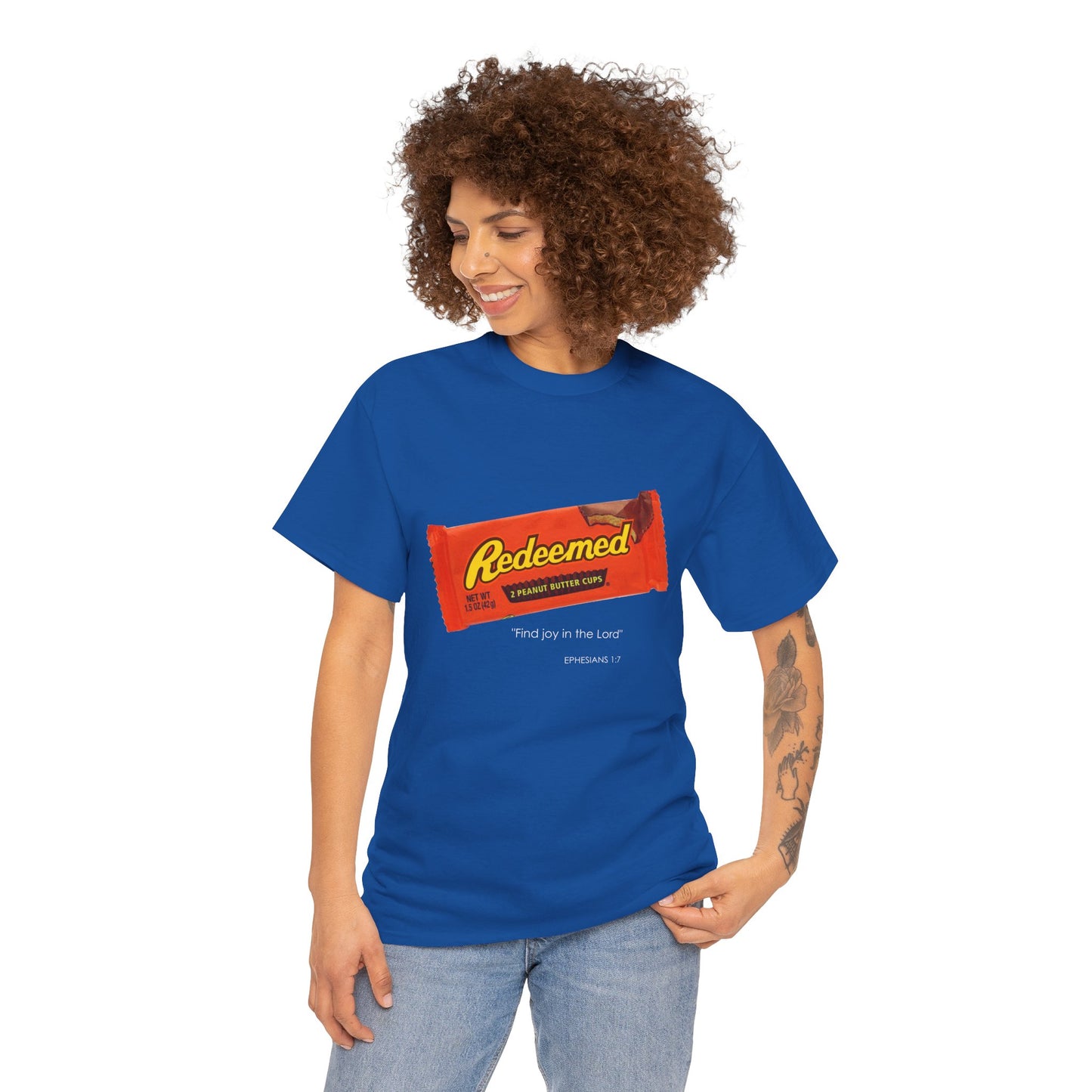 Redeemed Heavy Cotton Tee - Inspirational Faith Shirt with Peanut Butter Motif