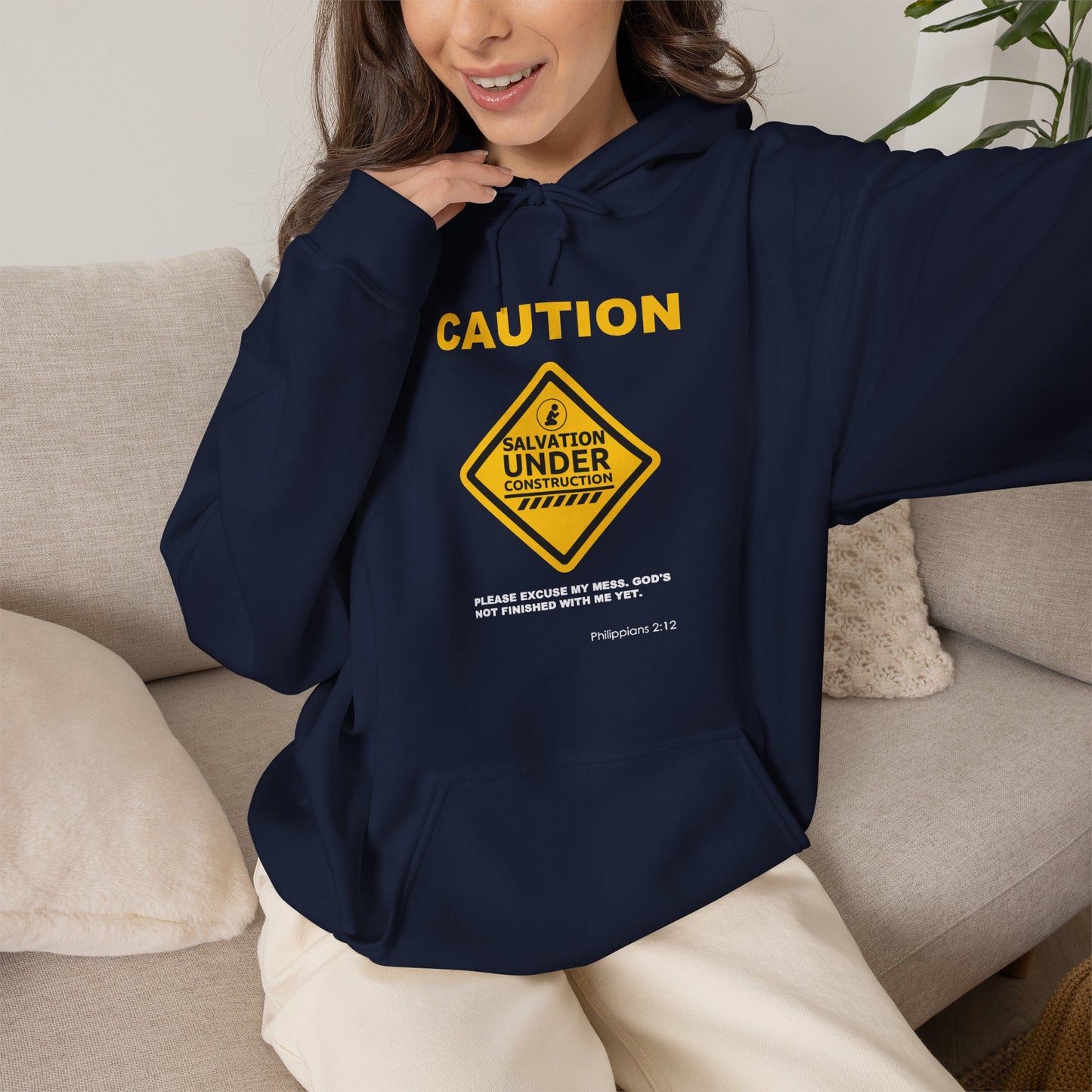 "Caution Salvation Under Construction" Graphic Pullover Hoodie