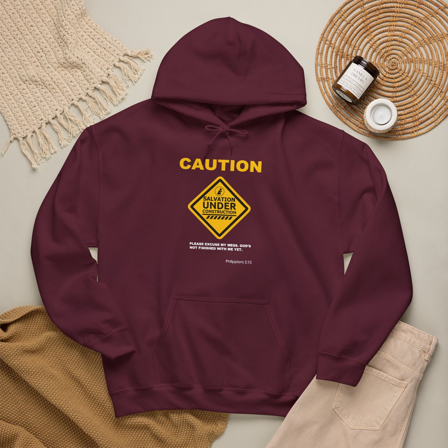 "Caution Salvation Under Construction" Graphic Pullover Hoodie
