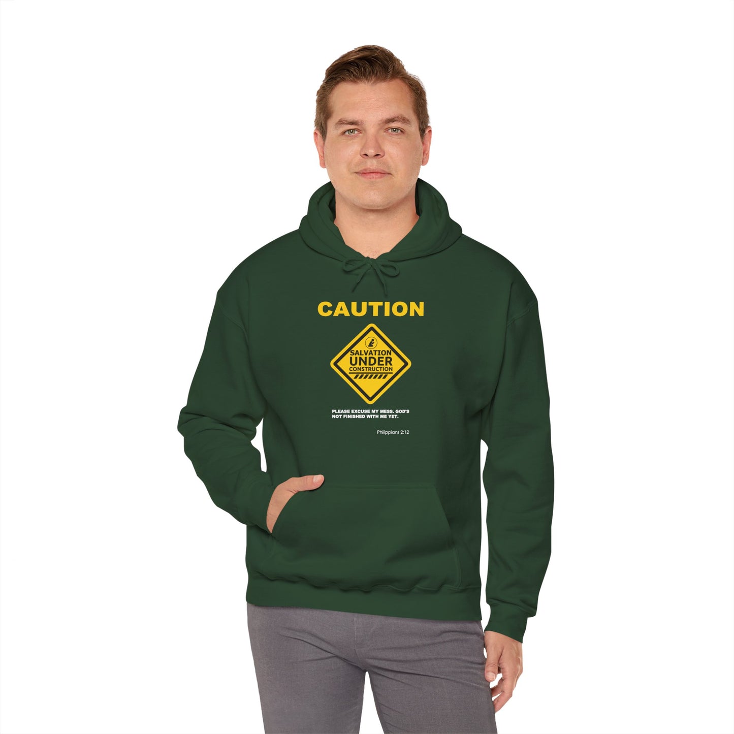 "Caution Salvation Under Construction" Graphic Pullover Hoodie
