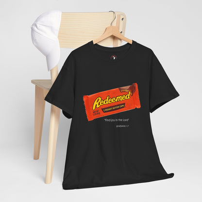 Redeemed Heavy Cotton Tee - Inspirational Faith Shirt with Peanut Butter Motif