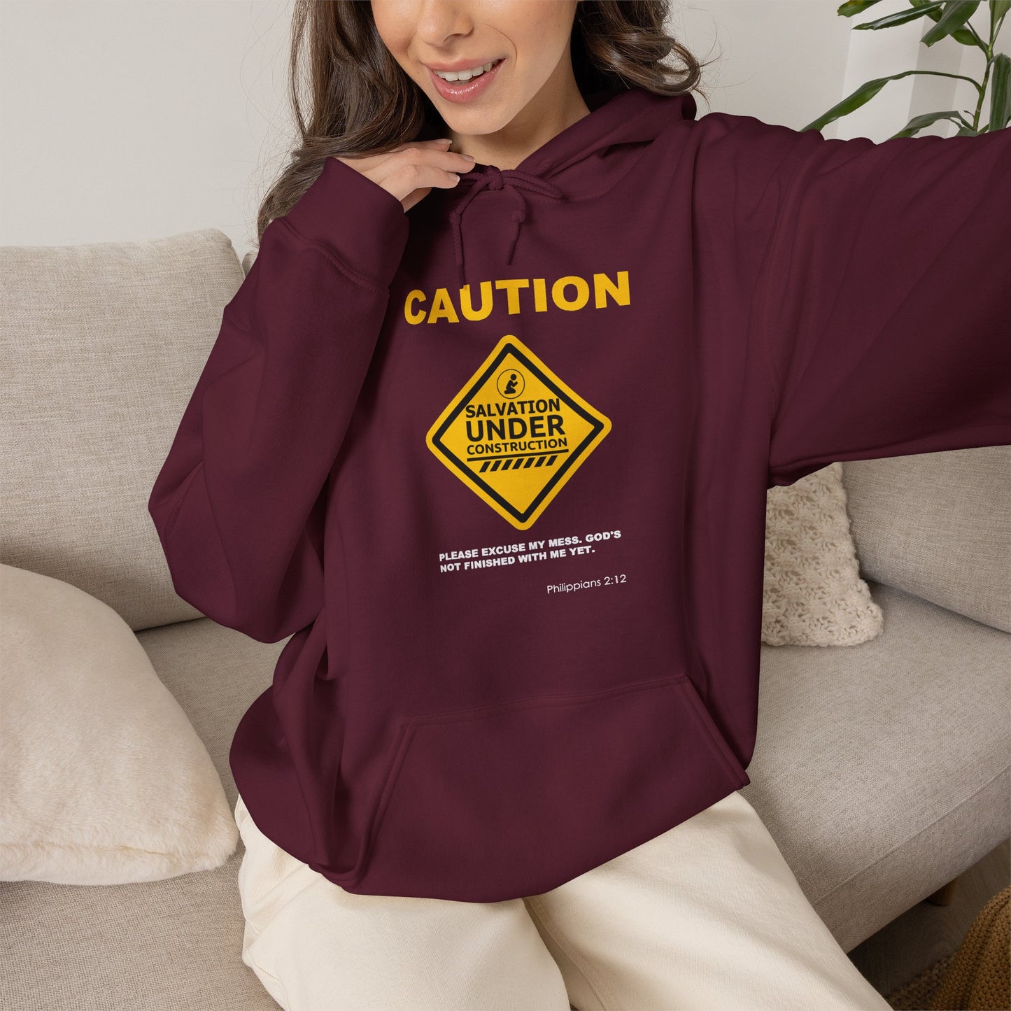 "Caution Salvation Under Construction" Graphic Pullover Hoodie