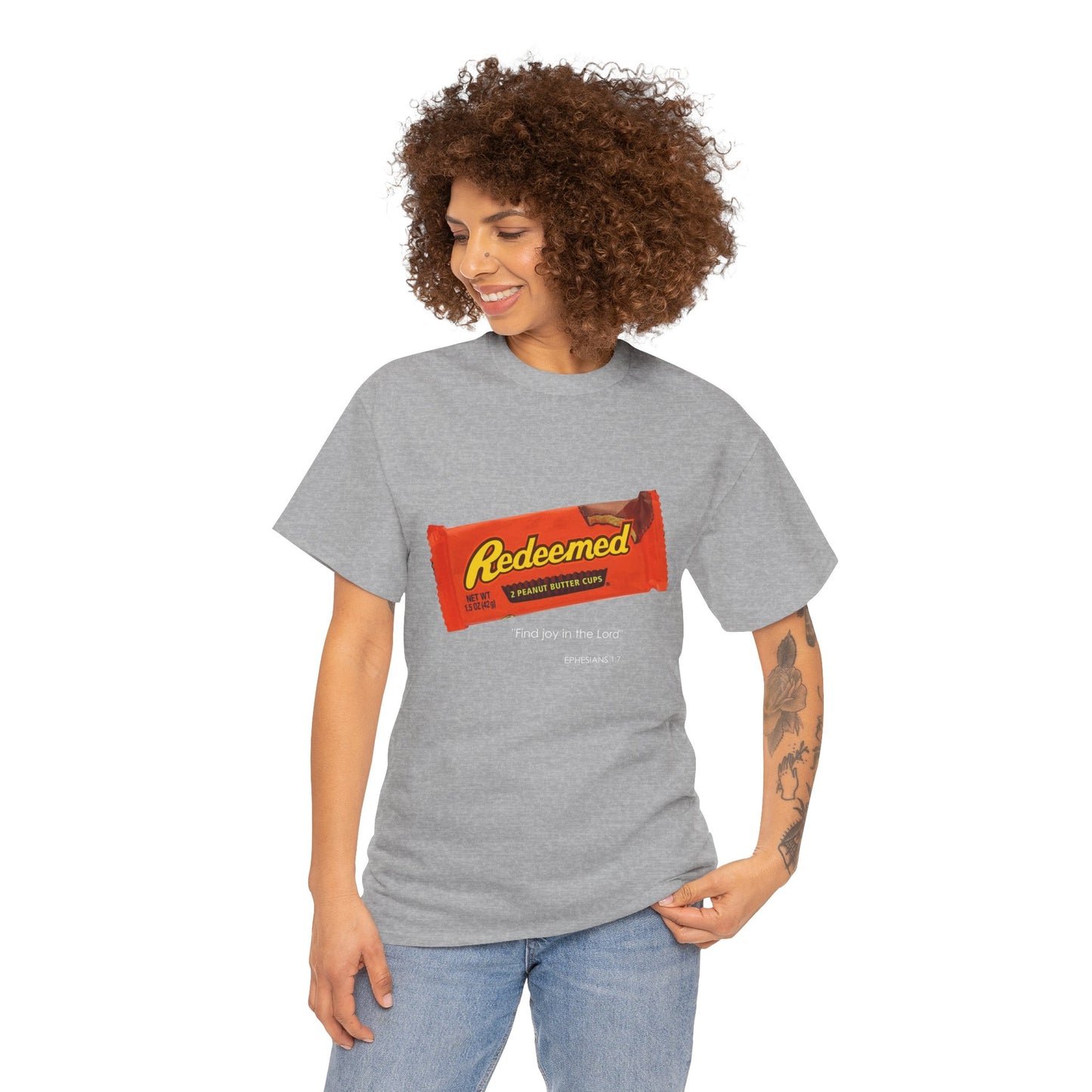 Redeemed Heavy Cotton Tee - Inspirational Faith Shirt with Peanut Butter Motif