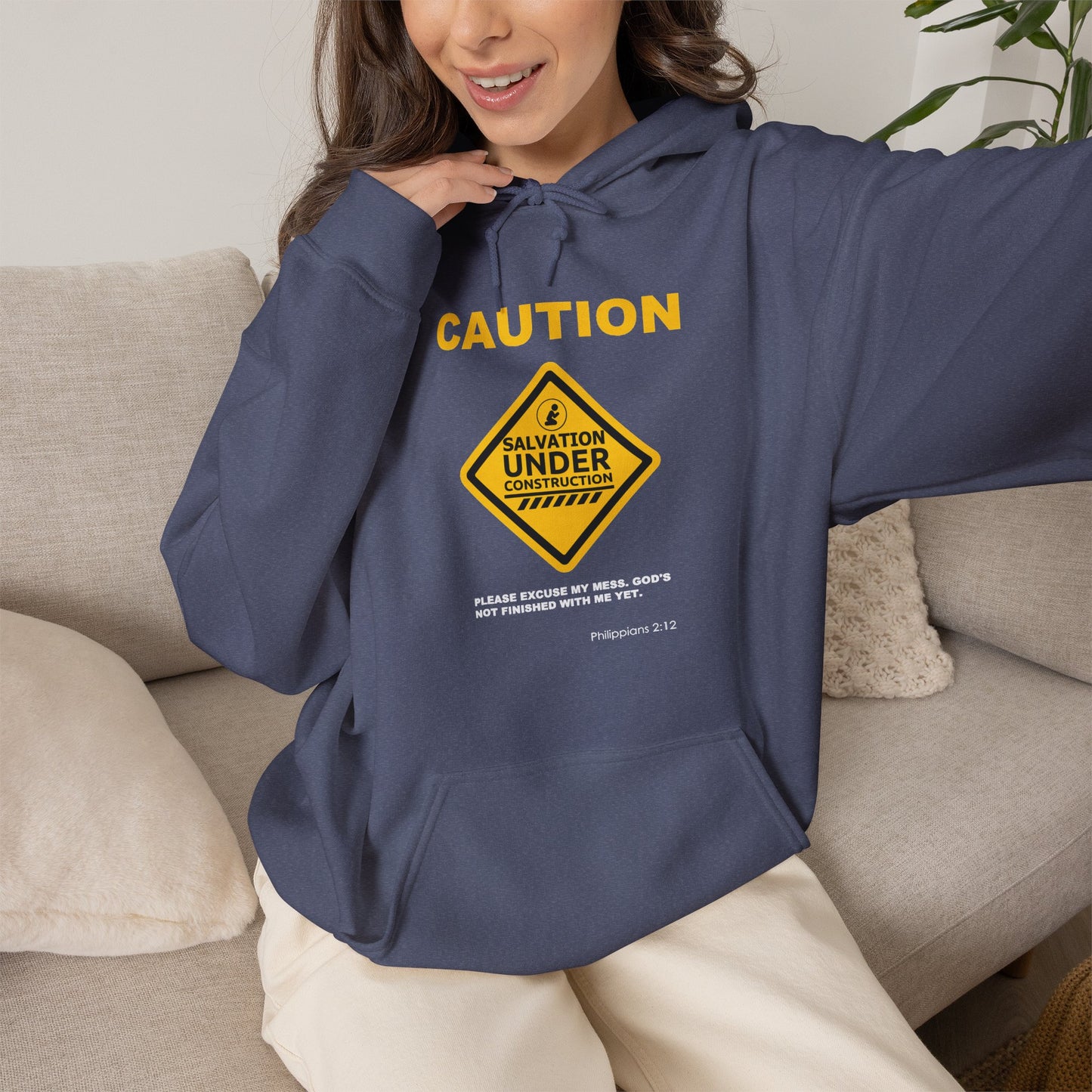 "Caution Salvation Under Construction" Graphic Pullover Hoodie
