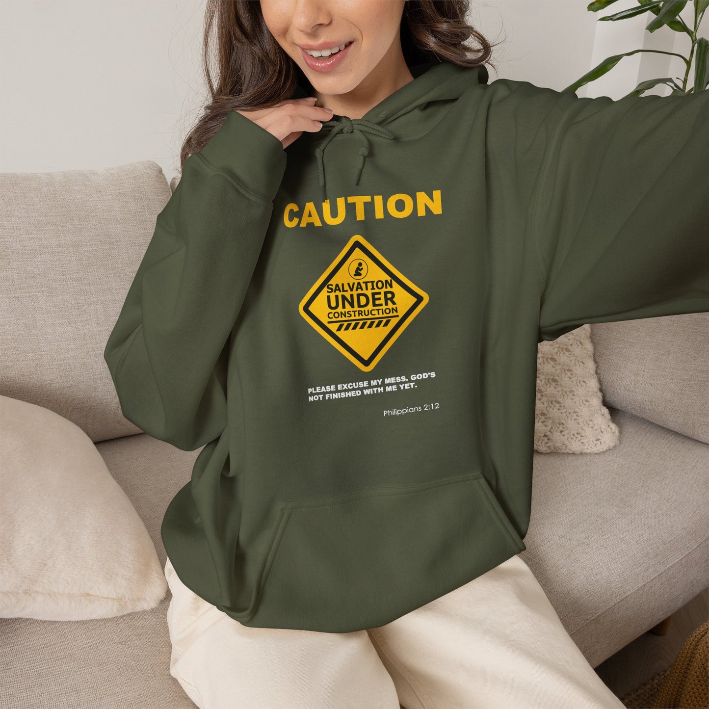 "Caution Salvation Under Construction" Graphic Pullover Hoodie