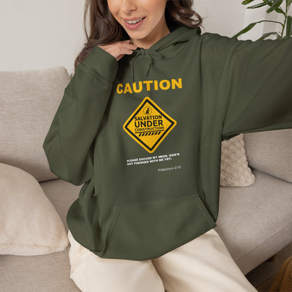 "Caution Salvation Under Construction" Graphic Pullover Hoodie
