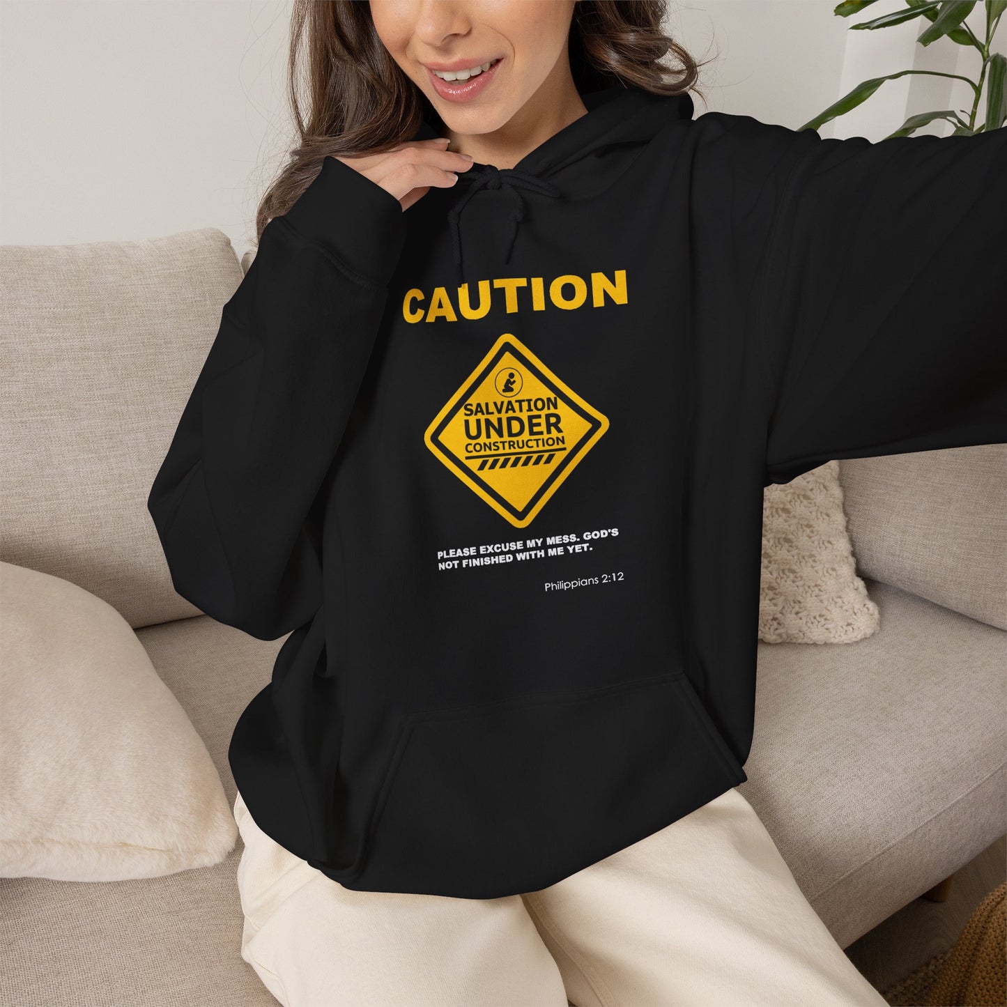 "Caution Salvation Under Construction" Graphic Pullover Hoodie