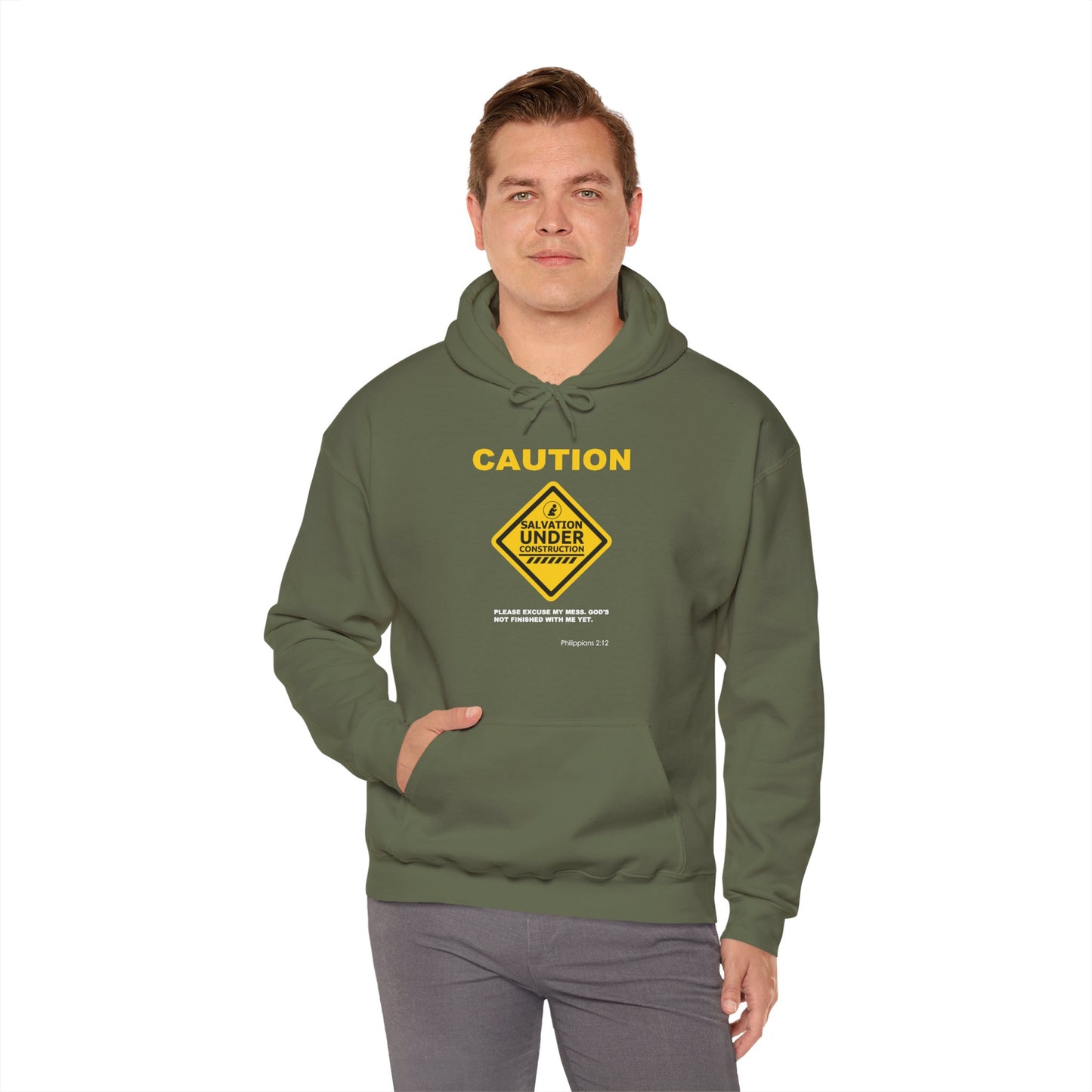 "Caution Salvation Under Construction" Graphic Pullover Hoodie