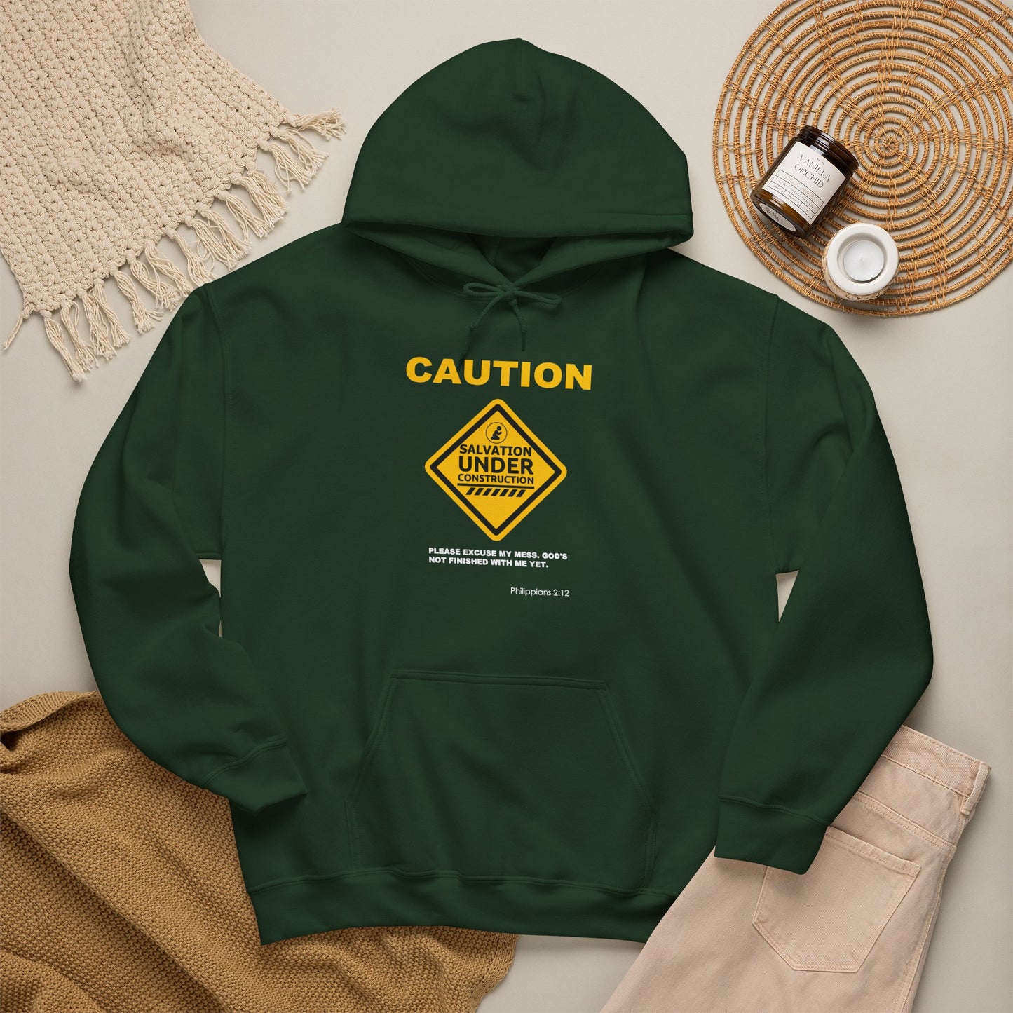 "Caution Salvation Under Construction" Graphic Pullover Hoodie