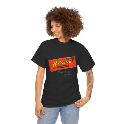 Redeemed Heavy Cotton Tee - Inspirational Faith Shirt with Peanut Butter Motif