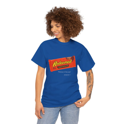 Redeemed Heavy Cotton Tee - Inspirational Faith Shirt with Peanut Butter Motif